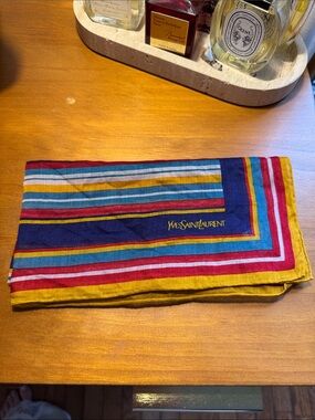 Yves Saint Laurent Striped Multicolor Silk Scarf - Navy, Mustard, Red